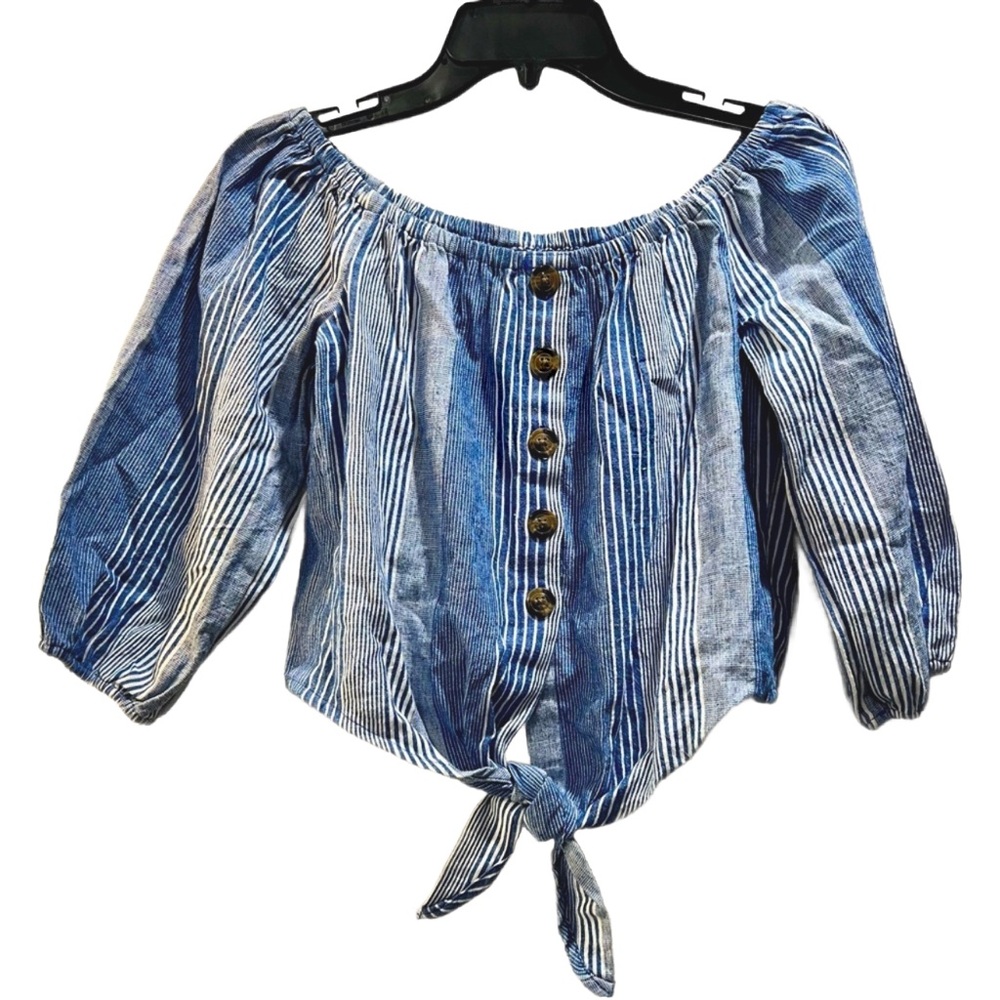 American Eagle Blue&White Stripe Denim Button-Up Tie-Front Off-Shoulder blouse